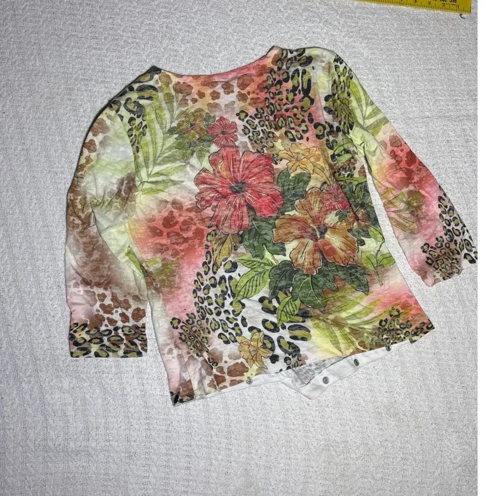 Boho Chic Floral Leopard‎ Cardigan Women M Multicolor Good Asymmetrical Snap Top